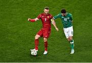 27 September 2022; Varazdat Haroyan of Armenia in action against Troy Parrott of Republic of Ireland during UEFA Nations League B Group 1 match between Republic of Ireland and Armenia at Aviva Stadium in Dublin. Photo by Sam Barnes/Sportsfile