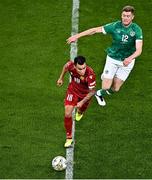 27 September 2022; Lucas Zelarayán of Armenia in action against Nathan Collins of Republic of Ireland during UEFA Nations League B Group 1 match between Republic of Ireland and Armenia at Aviva Stadium in Dublin. Photo by Sam Barnes/Sportsfile