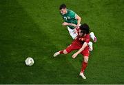 27 September 2022; Khoren Bayramyan of Armenia  in action against Jason Knight of Republic of Ireland during UEFA Nations League B Group 1 match between Republic of Ireland and Armenia at Aviva Stadium in Dublin. Photo by Sam Barnes/Sportsfile