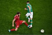 27 September 2022; Jason Knight of Republic of Ireland  is tackled by Hovhannes Hambartsumyan of Armenia during UEFA Nations League B Group 1 match between Republic of Ireland and Armenia at Aviva Stadium in Dublin. Photo by Sam Barnes/Sportsfile