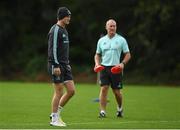 3 October 2022; Jonathan Sexton and senior coach Stuart Lancaster during a Leinster rugby squad training session at UCD in Dublin. Photo by Harry Murphy/Sportsfile