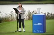 25 September 2022; MC Aisling O'Reilly during round four of the KPMG Women's Irish Open Golf Championship at Dromoland Castle in Clare. Photo by Brendan Moran/Sportsfile