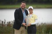 25 September 2022; Klara Spilkova of Czech Republic is presented with the trophy by LET Tournament Director Mike Wood after round four of the KPMG Women's Irish Open Golf Championship at Dromoland Castle in Clare. Photo by Brendan Moran/Sportsfile