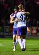 3 October 2022; Joe Redmond of St Patrick's Athletic and team-mate Eoin Doyle celebrate their second goal during the SSE Airtricity League Premier Division match between Shelbourne and St Patrick's Athletic at Tolka Park in Dublin. Photo by Tyler Miller/Sportsfile