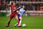 3 October 2022; Billy King of St Patrick's Athletic in action against Jonathan Lunney of Shelbourne during the SSE Airtricity League Premier Division match between Shelbourne and St Patrick's Athletic at Tolka Park in Dublin. Photo by Tyler Miller/Sportsfile