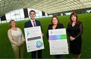 4 October 2022; In attendance at the announcement of the All-Island Physical Literacy Consensus Statement, at the National Indoor Arena in Dublin, are, from left to right, Sport Ireland chief executive Dr Una May, Minister of State for Sport and the Gaeltacht Jack Chambers TD, Minister for Communities of Northern Ireland, Deirdre Hargey MLA, and Sport Northern Ireland Chief Executive Antoinette McKeown. Photo by Ramsey Cardy/Sportsfile