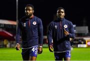 3 October 2022; Serge Atakayi of St Patrick's Athletic, right, and Tunde Owolabi of St Patrick's Athletic before the SSE Airtricity League Premier Division match between Shelbourne and St Patrick's Athletic at Tolka Park in Dublin. Photo by Tyler Miller/Sportsfile