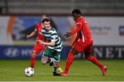 4 October 2022; Kieran Cruise of Shamrock Rovers in action against Lewis Schouten of AZ Alkmaar during the UEFA Youth League First Round 2nd Leg match between Shamrock Rovers and AZ Alkmaar at Tallaght Stadium in Dublin. Photo by Ben McShane/Sportsfile