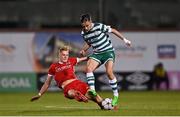 4 October 2022; Michael Leddy of Shamrock Rovers in action against Finn Stam of AZ Alkmaar during the UEFA Youth League First Round 2nd Leg match between Shamrock Rovers and AZ Alkmaar at Tallaght Stadium in Dublin. Photo by Ben McShane/Sportsfile