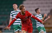 4 October 2022; Tom Kerssens of AZ Alkmaar celebrates after scoring his side's first goal during the UEFA Youth League First Round 2nd Leg match between Shamrock Rovers and AZ Alkmaar at Tallaght Stadium in Dublin. Photo by Ben McShane/Sportsfile