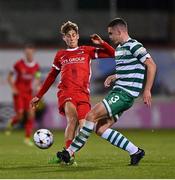 4 October 2022; Dave Kwakman of AZ Alkmaar in action against Carl Lennox of Shamrock Rovers during the UEFA Youth League First Round 2nd Leg match between Shamrock Rovers and AZ Alkmaar at Tallaght Stadium in Dublin. Photo by Ben McShane/Sportsfile