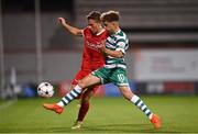 4 October 2022; Dave Kwakman of AZ Alkmaar in action against Najemedine Razi of Shamrock Rovers during the UEFA Youth League First Round 2nd Leg match between Shamrock Rovers and AZ Alkmaar at Tallaght Stadium in Dublin. Photo by Ben McShane/Sportsfile