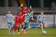 4 October 2022; Michael Leddy of Shamrock Rovers in action against Finn Stam of AZ Alkmaar during the UEFA Youth League First Round 2nd Leg match between Shamrock Rovers and AZ Alkmaar at Tallaght Stadium in Dublin. Photo by Ben McShane/Sportsfile