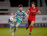4 October 2022; Mikey Raggett of Shamrock Rovers in action against Lewis Schouten of AZ Alkmaar during the UEFA Youth League First Round 2nd Leg match between Shamrock Rovers and AZ Alkmaar at Tallaght Stadium in Dublin. Photo by Ben McShane/Sportsfile