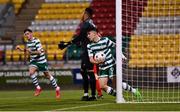4 October 2022; Michael Leddy of Shamrock Rovers celebrates after scoring his side's first goal during the UEFA Youth League First Round 2nd Leg match between Shamrock Rovers and AZ Alkmaar at Tallaght Stadium in Dublin. Photo by Ben McShane/Sportsfile