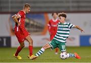 4 October 2022; Michael Leddy of Shamrock Rovers in action against Ernest Poku of AZ Alkmaar during the UEFA Youth League First Round 2nd Leg match between Shamrock Rovers and AZ Alkmaar at Tallaght Stadium in Dublin. Photo by Ben McShane/Sportsfile