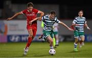 4 October 2022; Freddie Turley of Shamrock Rovers in action against Lewis Schouten of AZ Alkmaar during the UEFA Youth League First Round 2nd Leg match between Shamrock Rovers and AZ Alkmaar at Tallaght Stadium in Dublin. Photo by Ben McShane/Sportsfile