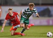 4 October 2022; Najemedine Razi of Shamrock Rovers in action against Finn Stam of AZ Alkmaar during the UEFA Youth League First Round 2nd Leg match between Shamrock Rovers and AZ Alkmaar at Tallaght Stadium in Dublin. Photo by Ben McShane/Sportsfile