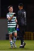 4 October 2022; Oisin Hand of Shamrock Rovers and Rome-Jayden Owusu-Oduro of AZ Alkmaar after the UEFA Youth League First Round 2nd Leg match between Shamrock Rovers and AZ Alkmaar at Tallaght Stadium in Dublin. Photo by Ben McShane/Sportsfile