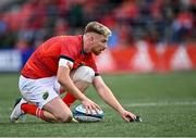 1 October 2022; Ben Healy of Munster prepares to take a conversion during the United Rugby Championship match between Munster and Zebre Parma at Musgrave Park in Cork. Photo by Piaras Ó Mídheach/Sportsfile