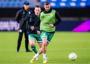 6 October 2022; Ronan Finn, right, and Andy Lyons of Shamrock Rovers before the UEFA Europa Conference League group F match between Molde and Shamrock Rovers at Aker Stadion in Molde, Norway. Photo by Marius Simensen/Sportsfile