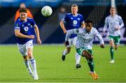 6 October 2022; Aidomo Emakhu of Shamrock Rovers in action against Emil Breivik of Molde during the UEFA Europa Conference League group F match between Molde and Shamrock Rovers at Aker Stadion in Molde, Norway. Photo by Marius Simensen/Sportsfile