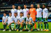 6 October 2022; The Shamrock Rovers team, back row, from left, Daniel Cleary, Aaron Greene, Lee Grace, goalkeeper Alan Mannus, Sean Hoare and Aidomo Emakhu, front row, from left, Gary O'Neill, Sean Kavanagh, Ronan Finn, Justin Ferizaj and Andy Lyons before the UEFA Europa Conference League group F match between Molde and Shamrock Rovers at Aker Stadion in Molde, Norway. Photo by Marius Simensen/Sportsfile