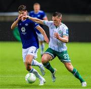 6 October 2022; Andy Lyons of Shamrock Rovers in action against Emil Breivik of Molde during the UEFA Europa Conference League group F match between Molde and Shamrock Rovers at Aker Stadion in Molde, Norway. Photo by Marius Simensen/Sportsfile