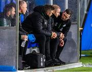 6 October 2022; Shamrock Rovers manager Stephen Bradley, right, in conversation with assistant coach Glenn Cronin, centre, and sporting director Stephen McPhail, left, during the UEFA Europa Conference League group F match between Molde and Shamrock Rovers at Aker Stadion in Molde, Norway. Photo by Marius Simensen/Sportsfile