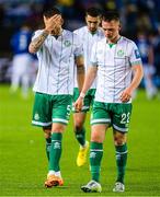 6 October 2022; Lee Grace, left, and Andy Lyons of Shamrock Rovers after their side's defeat in the UEFA Europa Conference League group F match between Molde and Shamrock Rovers at Aker Stadion in Molde, Norway. Photo by Marius Simensen/Sportsfile