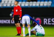 6 October 2022; Aidomo Emakhu of Shamrock Rovers in pain during the UEFA Europa Conference League group F match between Molde and Shamrock Rovers at Aker Stadion in Molde, Norway. Photo by Marius Simensen/Sportsfile