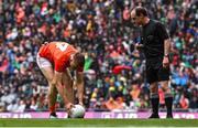 26 June 2022; Rian O'Neill of Armagh prepares to take a penalty in the penalty shoot-out of the GAA Football All-Ireland Senior Championship Quarter-Final match between Armagh and Galway at Croke Park, Dublin. Photo by Piaras Ó Mídheach/Sportsfile