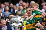 24 July 2022; Gavin Crowley of Kerry and his son Arlo lift the Sam Maguire Cup after the GAA Football All-Ireland Senior Championship Final match between Kerry and Galway at Croke Park in Dublin. Photo by Piaras Ó Mídheach/Sportsfile