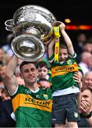 24 July 2022; Paul Geaney of Kerry and his son Paidí lift the Sam Maguire Cup after the GAA Football All-Ireland Senior Championship Final match between Kerry and Galway at Croke Park in Dublin. Photo by Piaras Ó Mídheach/Sportsfile