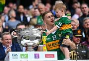 24 July 2022; Gavin Crowley of Kerry and his son Arlo lift the Sam Maguire Cup after the GAA Football All-Ireland Senior Championship Final match between Kerry and Galway at Croke Park in Dublin. Photo by Piaras Ó Mídheach/Sportsfile