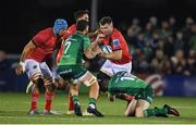 7 October 2022; Peter O'Mahony of Munster is tackled by Conor Oliver and Jack Carty of Connacht during the United Rugby Championship match between Connacht and Munster at The Sportsground in Galway. Photo by Brendan Moran/Sportsfile