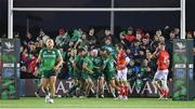 7 October 2022; Mack Hansen of Connacht, centre, celebrates with teammates after scoring his side's first try during the United Rugby Championship match between Connacht and Munster at The Sportsground in Galway. Photo by Brendan Moran/Sportsfile