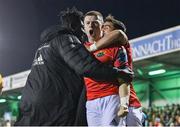 7 October 2022; Patrick Campbell of Munster celebrates with teammates Edwin Edogbo, left, and  Joey Carbery after scoring their side's first try during the United Rugby Championship match between Connacht and Munster at The Sportsground in Galway. Photo by Brendan Moran/Sportsfile