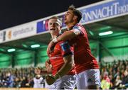7 October 2022; Patrick Campbell of Munster celebrates with teammate Joey Carbery, right, after scoring their side's first try during the United Rugby Championship match between Connacht and Munster at The Sportsground in Galway. Photo by Brendan Moran/Sportsfile