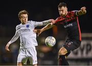 7 October 2022; Jordan Flores of Bohemians in action against Darragh Markey of Drogheda United during the SSE Airtricity League Premier Division match between Bohemians and Drogheda United at Dalymount Park in Dublin. Photo by Piaras Ó Mídheach/Sportsfile