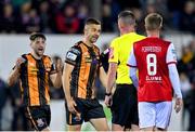 7 October 2022; Robbie Benson of Dundalk remonstrates with referee Damien MacGraith during the SSE Airtricity League Premier Division match between Dundalk and St Patrick's Athletic at Casey's Field in Dundalk, Louth. Photo by Seb Daly/Sportsfile