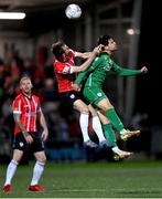 7 October 2022; Cameron Dummigan of Derry City in action against Filip Mihaljevic of Finn Harps during the SSE Airtricity League Premier Division match between Derry City and Finn Harps at The Ryan McBride Brandywell Stadium in Derry. Photo by Ramsey Cardy/Sportsfile