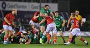 7 October 2022; Peter Dooley of Connacht is tackled by Tadhg Beirne of Munster during the United Rugby Championship match between Connacht and Munster at The Sportsground in Galway. Photo by Brendan Moran/Sportsfile