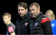 7 October 2022; Derry City manager Ruaidhrí Higgins, left, and Derry City assistant manager Alan Reynolds during the SSE Airtricity League Premier Division match between Derry City and Finn Harps at The Ryan McBride Brandywell Stadium in Derry. Photo by Ramsey Cardy/Sportsfile