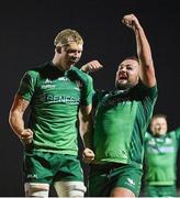 7 October 2022; Connacht players Niall Murray, left, and Jack Aungier celebrates their side's third try, scored by Paul Boyle, not pictured, during the United Rugby Championship match between Connacht and Munster at The Sportsground in Galway. Photo by Brendan Moran/Sportsfile
