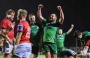 7 October 2022; Connacht players Niall Murray and Jack Aungier, centre, celebrate their side's third try, scored by Paul Boyle, not pictured, during the United Rugby Championship match between Connacht and Munster at The Sportsground in Galway. Photo by Brendan Moran/Sportsfile