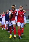 7 October 2022; St Patrick's Athletic players Barry Cotter, left, and Anto Breslin celebrate after their side's victory in the SSE Airtricity League Premier Division match between Dundalk and St Patrick's Athletic at Casey's Field in Dundalk, Louth. Photo by Seb Daly/Sportsfile