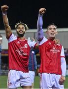 7 October 2022; St Patrick's Athletic players Barry Cotter, left, and Anto Breslin celebrate after their side's victory in the SSE Airtricity League Premier Division match between Dundalk and St Patrick's Athletic at Casey's Field in Dundalk, Louth. Photo by Seb Daly/Sportsfile
