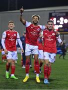 7 October 2022; St Patrick's Athletic players Barry Cotter, centre, and Anto Breslin, right, celebrate after their side's victory in the SSE Airtricity League Premier Division match between Dundalk and St Patrick's Athletic at Casey's Field in Dundalk, Louth. Photo by Seb Daly/Sportsfile