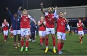 7 October 2022; St Patrick's Athletic players, from left, Sam Curtis, Barry Cotter and Anto Breslin celebrate after their side's victory in the SSE Airtricity League Premier Division match between Dundalk and St Patrick's Athletic at Casey's Field in Dundalk, Louth. Photo by Seb Daly/Sportsfile